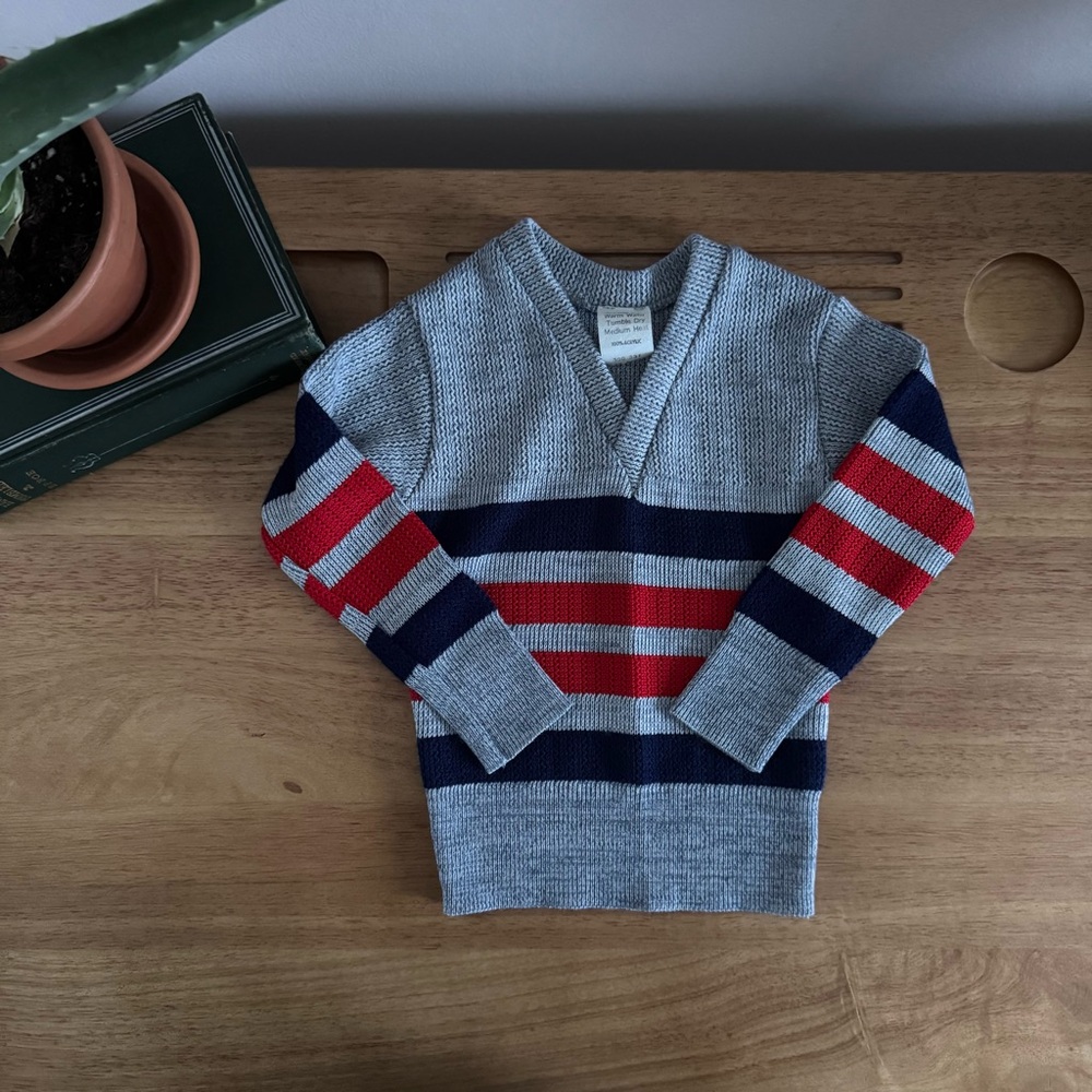 Retro Striped V-Neck Knit Sweater Toddler 3T Red Navy Gray